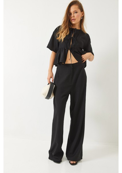 Kadın Bağlama Detaylı Kısa Kollu Bluz Pantolon Alt-Üst Takım modelleri