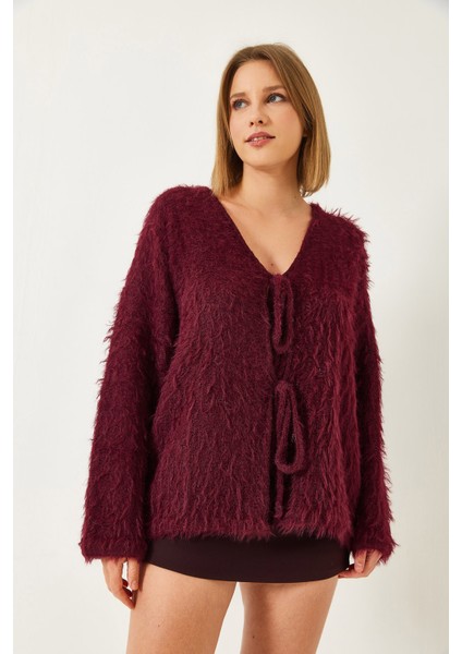 Kadın Tüylü Bağlamalı Hırka