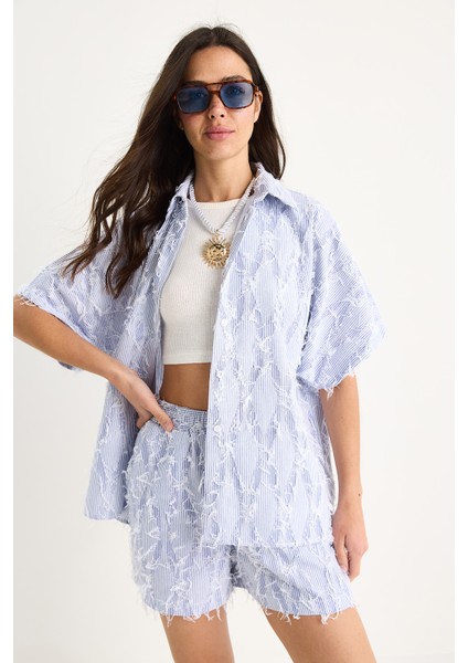 Kadın Çizgili Oversize Saçaklı Gömlek Cep Detaylı Beli Lastikli Şort Takım Dt fiyatları