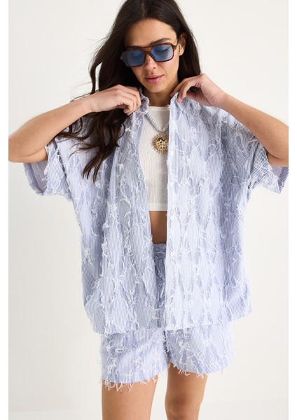 Kadın Çizgili Oversize Saçaklı Gömlek Cep Detaylı Beli Lastikli Şort Takım Dt modelleri