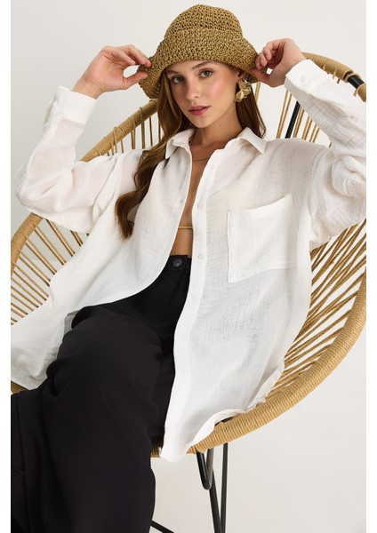 Kadın Oversize Basic Müslin Gömlek