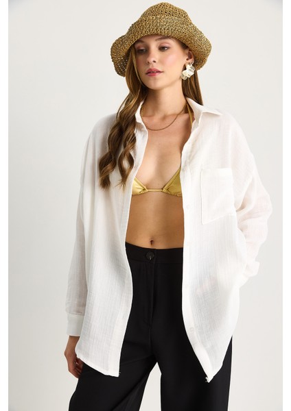 Kadın Oversize Basic Müslin Gömlek