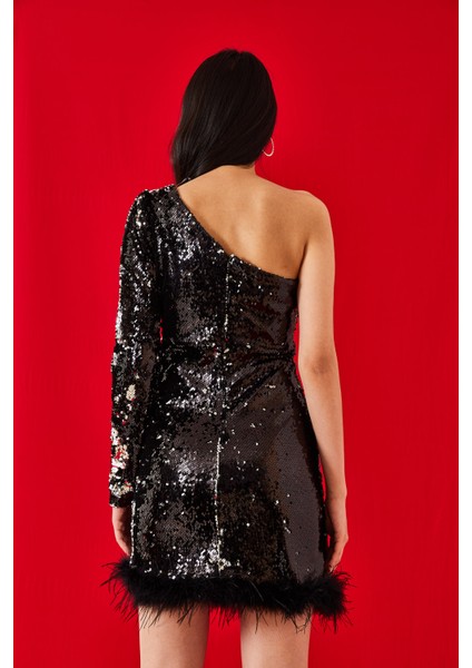 Kadın Pul Payetli Etek Ucu Tüy Detaylı Tek Omuz Astarlı Elbise