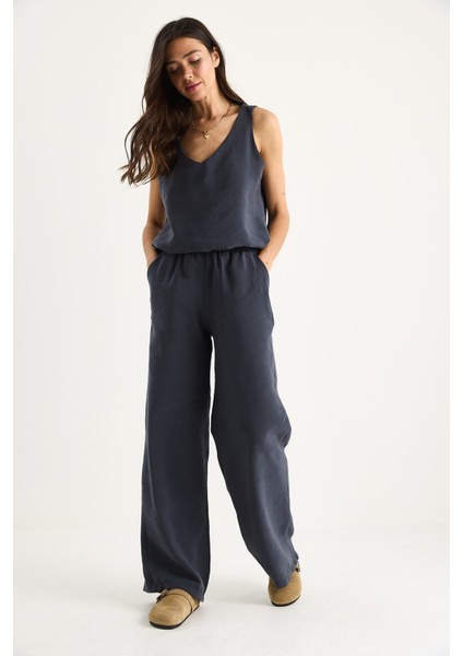 Kadın V Yaka Askılı Bluz Palazzo Pantolonlu Alt-Üst Takım modelleri