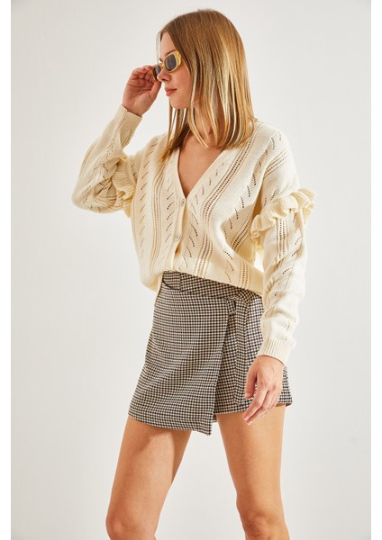 Kadın Ajurlu Fırfırlı Triko Hırka