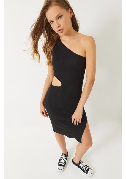 Kadın Tek Omuz Pencere Detaylı Yırtmaçlı Mini Elbise