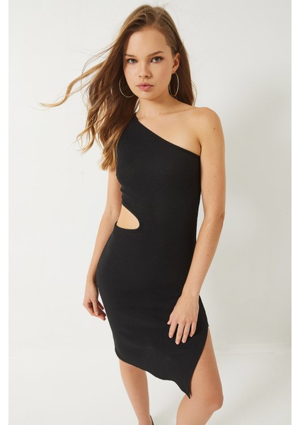 Kadın Tek Omuz Pencere Detaylı Yırtmaçlı Mini Elbise fiyatları