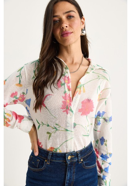 Kadın Desenli Dijital Baskılı Regular Yazlık Örme Gömlek