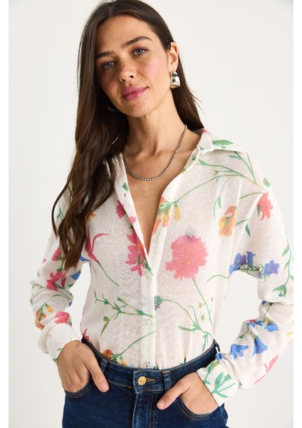 Kadın Desenli Dijital Baskılı Regular Yazlık Örme Gömlek fiyatları
