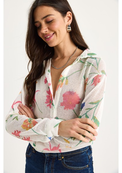 Kadın Desenli Dijital Baskılı Regular Yazlık Örme Gömlek modelleri