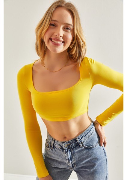 Kadın Uzun Kol Kare Yaka Crop Bluz