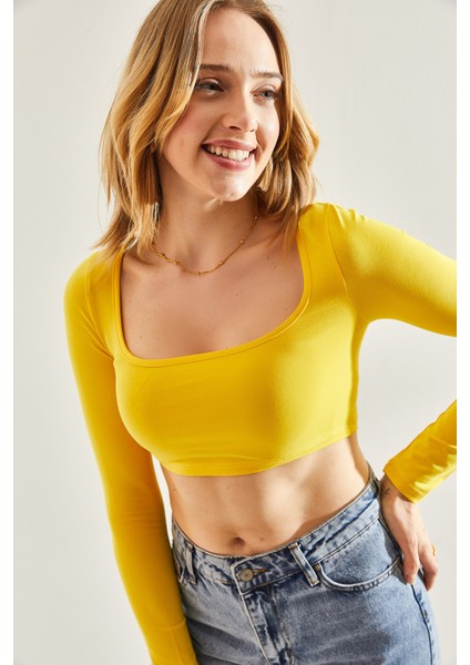 Kadın Uzun Kol Kare Yaka Crop Bluz fiyatları