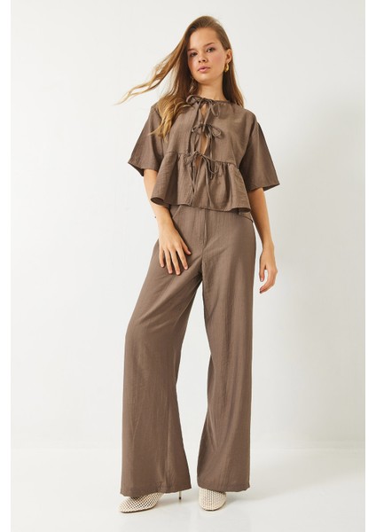 Kadın Bağlama Detaylı Kısa Kollu Bluz Pantolon Alt-Üst Takım fiyatları