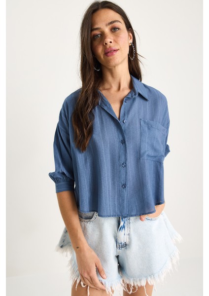 Kadın Kendinden Çizgili Yarım Kollu Tek Cep Detaylı Gömlek fiyatları