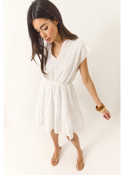 Kadın V Yaka Beli Lastikli Astarlı Mini Fisto Elbise