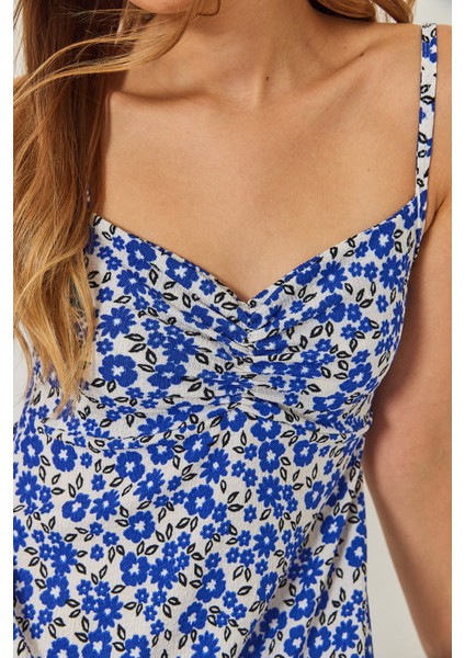 Kadın Ince Askılı Büzgü Detaylı Çiçek Desenli Mini Elbise fiyatları