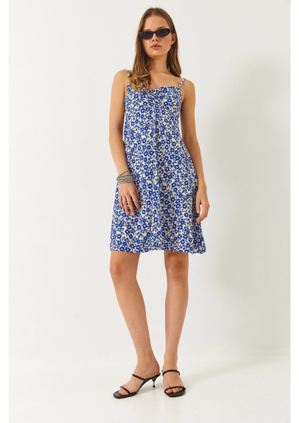 Kadın Ince Askılı Büzgü Detaylı Çiçek Desenli Mini Elbise modelleri