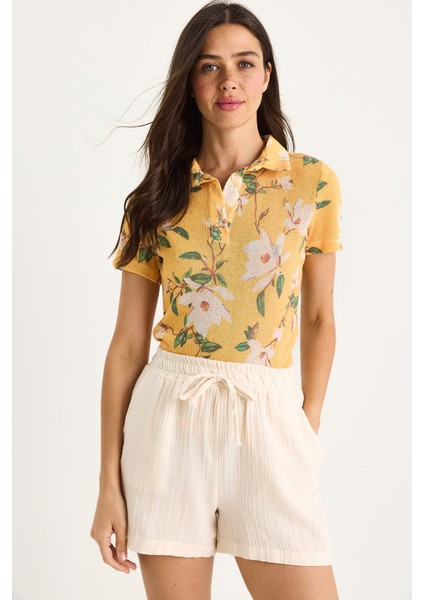 Kadın Polo Yaka Desenli Dijital Baskılı Regular Yazlık Örme Bluz