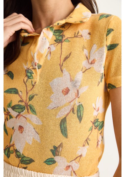 Kadın Polo Yaka Desenli Dijital Baskılı Regular Yazlık Örme Bluz fiyatları