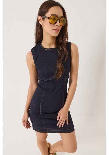 Kadın Bisiklet Yaka Likralı Yazlık Denim Elbise fiyatları