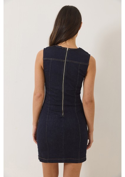 Kadın Bisiklet Yaka Likralı Yazlık Denim Elbise modelleri