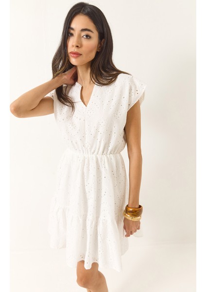 Kadın V Yaka Beli Lastikli Astarlı Mini Fisto Elbise fiyatları