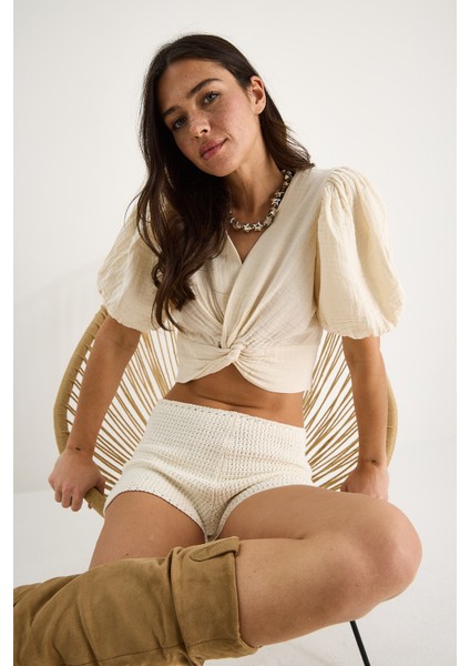 Kadın Balon Kollu Crop Müslin Bluz - modelleri