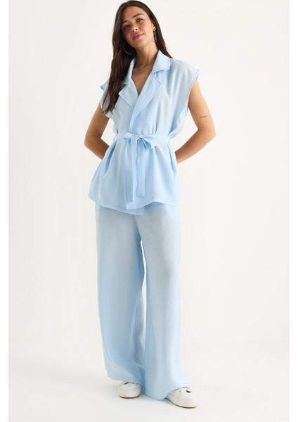 Kadın Kuşaklı Yelek Cep Detaylı Palazzo Pantolonlu Modal Takım