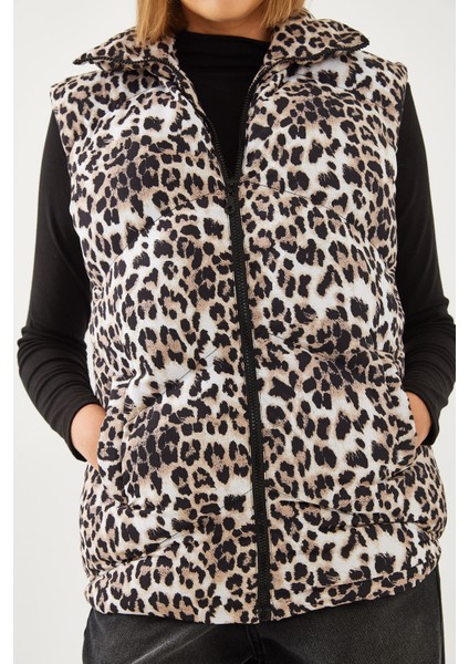 Kadın Balıkçı Yaka Leopar Desenli Şişme Yelek