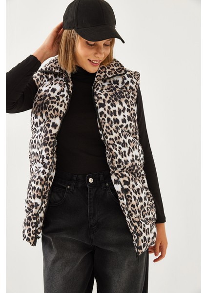 Kadın Balıkçı Yaka Leopar Desenli Şişme Yelek modelleri