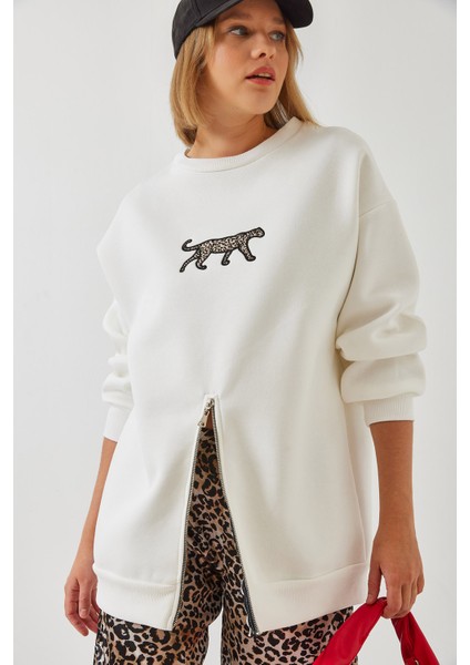 Kadın Üç Iplik Şardonlu Önü Fermuarlı Leopar Baskılı Sweatshirt