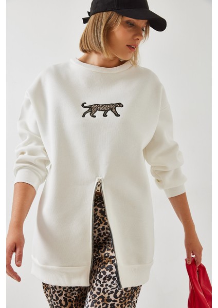 Kadın Üç Iplik Şardonlu Önü Fermuarlı Leopar Baskılı Sweatshirt fiyatları