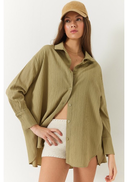 Kadın Düşük Omuz Oversize Basic Bürümcük Gömlek