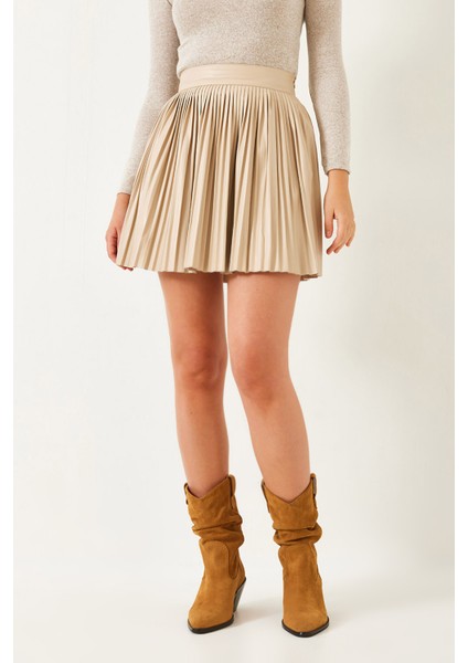 Kadın Deri Pileli Mini Etek