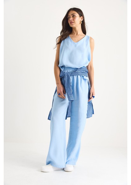 Kadın V Yaka Askılı Bluz Palazzo Pantolonlu Alt-Üst Takım fiyatları