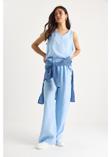 Kadın V Yaka Askılı Bluz Palazzo Pantolonlu Alt-Üst Takım modelleri