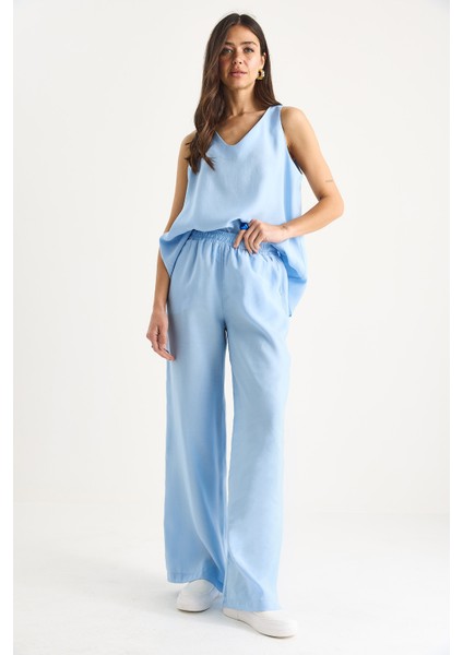 Kadın V Yaka Askılı Bluz Palazzo Pantolonlu Alt-Üst Takım indirimleri
