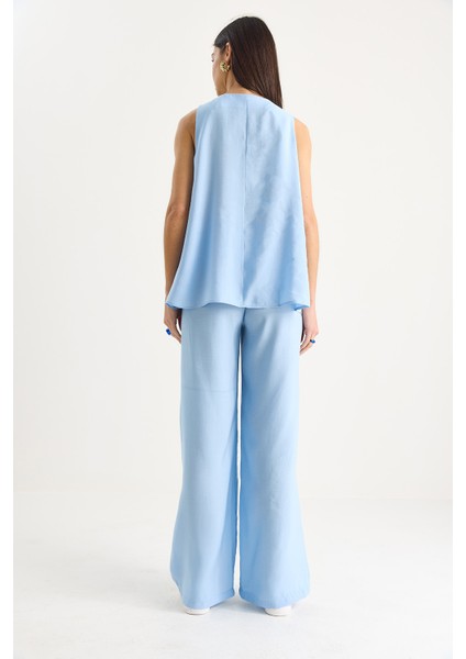 Kadın V Yaka Askılı Bluz Palazzo Pantolonlu Alt-Üst Takım