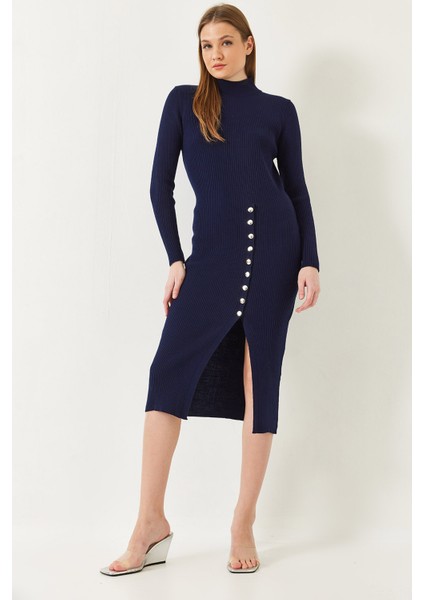 Kadın Fitilli Düğmeli Triko Elbise