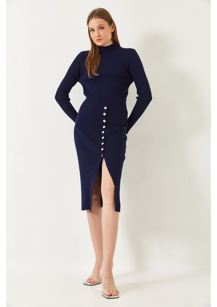 Kadın Fitilli Düğmeli Triko Elbise modelleri