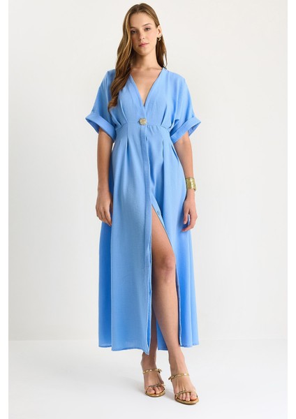 Kadın V Yaka Gold Düğme Detaylı Keten Elbise