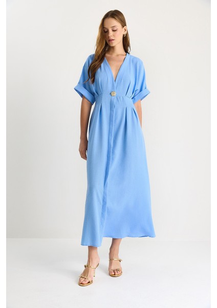 Kadın V Yaka Gold Düğme Detaylı Keten Elbise fiyatları