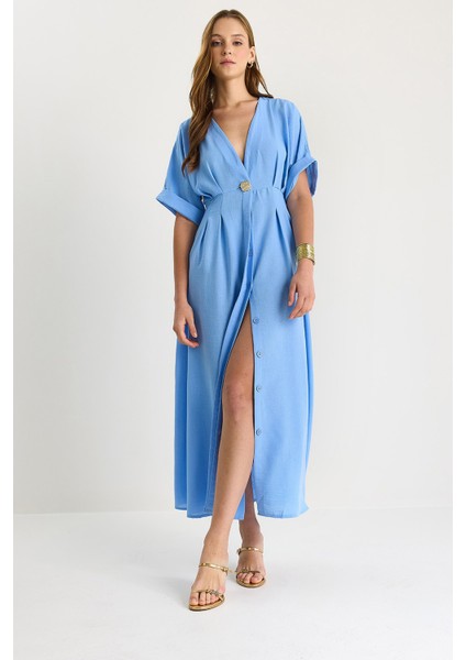 Kadın V Yaka Gold Düğme Detaylı Keten Elbise modelleri