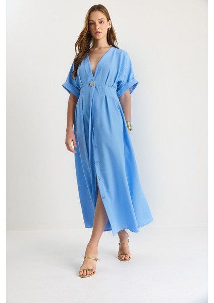 Kadın V Yaka Gold Düğme Detaylı Keten Elbise fırsatları