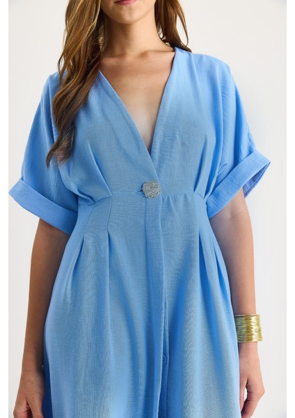 Kadın V Yaka Gold Düğme Detaylı Keten Elbise indirimleri