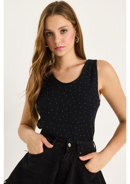 Kadın Desenli Kalın Askılı Dijital Baskılı Regular Yazlık Örme Bluz