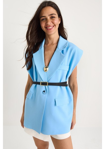 Kadın Cep Detaylı Kemerli Vatkalı Oversize Astarlı Blazer Yelek