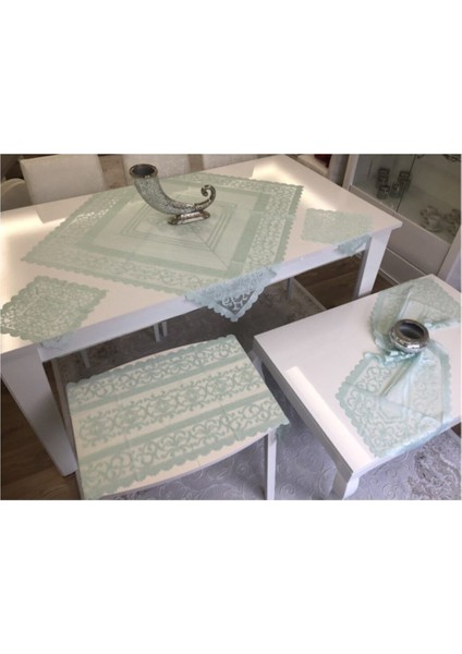 Örme Pano Desenli, 6 Parçalı, Salon Takımı, Canlı Su Yeşili Renk.