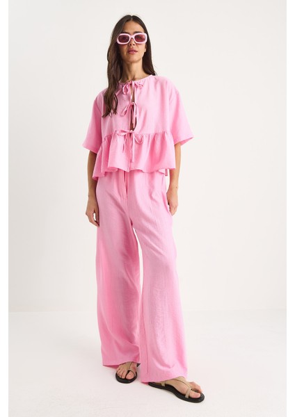 Kadın Bağlama Detaylı Kısa Kollu Bluz Pantolon Alt-Üst Takım fiyatları