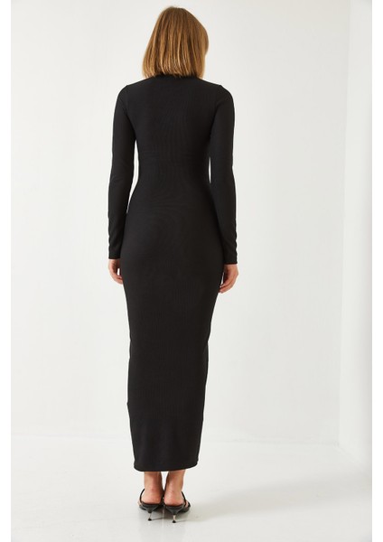 Kadın Yarım Balıkçı Yaka Ottoman Kumaş Uzun Elbise fiyatları